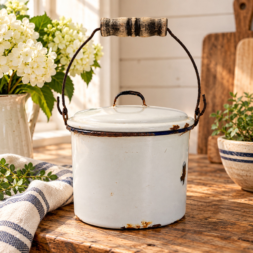 Antique White Blue Enamelware Lidded Pail Wood Handle Farmhouse